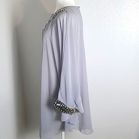 Sheer Gray Kimono with Black Rhinestone Accents on Neckline, Chest & Cuffs, OS - Picture 6 of 8